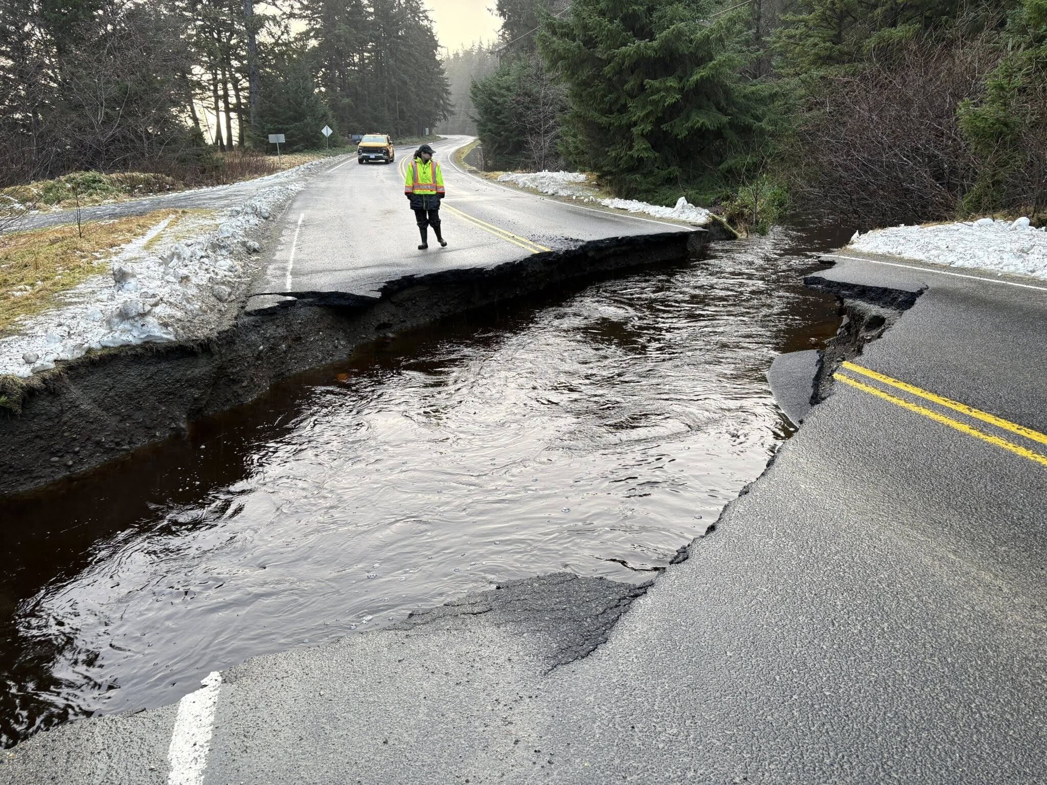 Severe weather leads to poor driving conditions, including Highway 16 washout, closures, & flood watch on Haida Gwaii
