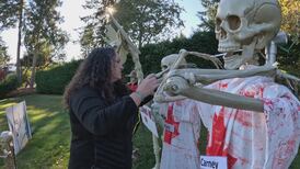 ‘We have a Trumpkin!’: B.C. woman creates patriotic Halloween display with skeletons posed elbows-up