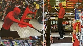 Masked suspect in red spandex suit sought after machete robbery